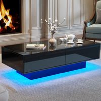 Table basse noire brillante 115 x 55 x 34 cm, avec 2 tiroirs, LED et charge 30 kg. Meuble élégant pour le salon