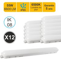 Lot de 12 réglettes LED étanche 1500mm 55W 6600 LM 6500K IP65 - traversant - garantie 5 ans