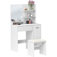 Ensemble coiffeuse avec miroir et tabouret, tiroir, armoire étagère réglable pour la chambre 80l x 40P x 132H cm, blanc