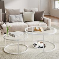 Table Basse Gigogne Ronde en Verre Lot de 2 pour Salon Moderne, Grande Table d'Appoint 80x45cm, Bordure Argentée