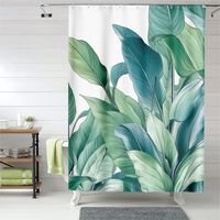 Rideau de douche motif feuillage tropical, œillets plastique, imperméable