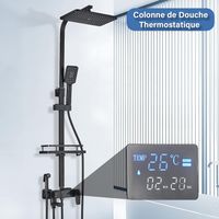 Suguword – Colonne de douche thermostatique noire – Hauteur réglable 73-116cm – Système à 4 fonctions – Douche à tête carrée avec douchette