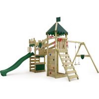 Fatmoose RiverRun Royal wooden play tower with swing and slide in green