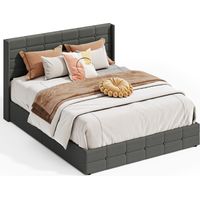 Cama Matrimonio Tapizada 160 x 200 cm Bealife con Canapé Hidráulico Cabecero Láminas de Madera y Estructura de Metal Gris Oscuro