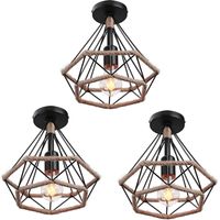Lámparas de Techo, Vintage Plafones con Ø25cm Jaula de Diamante, Luminaria de Techo de Cuerda de Cáñamo para Dormitorio Salon (Negro) 3PCS
