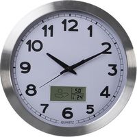 Perel Reloj de Pared, Redondo, analógico, 35 cm, Pantalla LCD con termómetro, higrómetro y disposiciones meteorológicas, Aluminio, Plata