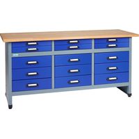 Kupper – Établi 12977 l. 170 cm – 15 tiroirs bleu outremer – Rangement efficace pour ateliers – Matériaux de qualité supérieure