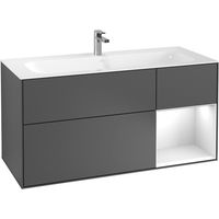 Finion, Muebles de baño, 1196 x 591 x 498 mm, Angular, con estantería (iluminada), modelo suspendido, En madera, iluminación LED, 1x LED / 2.3W, 2700 K a 6480 K, Lacado Blanco Brillo