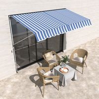 Store banne 3 x 1,5 m avec bras enroulable, protection solaire extérieure avec manivelle, en aluminium et toile polyester 180 g/m², pour jardin, balcon et terrasse, blanc et bleu