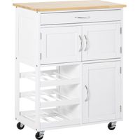 Chariot de cuisine moderne, îlot de rangement sur roulettes avec tiroir, rangement pour 9 bouteilles, placards, plan de travail en bois – Blanc
