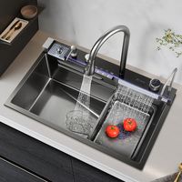 750 mm Évier de Cuisine Encastré Noir avec Mitigeur à Cuve Unique en Acier Inoxydable