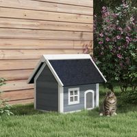 Maison pour chat en bois porte à lamelles fenêtre en plexiglas toit bitumé ouvrable 77 x 57,5 x 68 cm gris