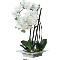Orchidee factice 3 hampes en coupe ceramique H50cm touché réel Crème - couleur: Crème