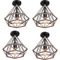 4X Lampada a Sospensione, Vintage Lampada da Soffitto in Corda di Canapa, Plafoniere con Ø25cm Gabbia di Diamante (Nero)