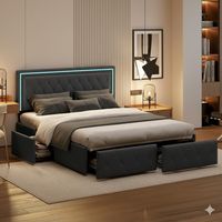 Letto 160x200 cm e rete - Struttura letto LED RGB con 4 cassetti - Testiera regolabile in altezza - Similpelle grigia