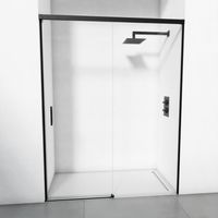 Umdrehbarer Duschschutz 1 Schiebedisplay + 1 fest - Minimalistisches Profil - Gehärtetes transparentes Glas 6 mm Antikalk - Mattschwarz - Anpassungsfähige Breite 146-150 - Höhe 195 cm
