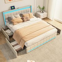 Polsterbett 180x200 cm mit Schubladen - Verstellbare LED-Beleuchtung und USB-/Type-C-Ladefunktion - Metallgestell und Leinenstoff - Beige