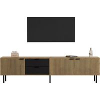 Meuble TV bas 208 x 40 x 48 cm avec 3 tiroirs et système de gestion des câbles, pour téléviseurs 85 pouces, aspect bois/noir