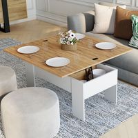 Mesa de centro rectangular con tablero elevable, convertible en mesa de comedor TARA de madera blanca e imitación de haya