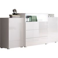 Commode Sarasota 127, Blanc + Blanc brillant, Tiroirs et portes, Nombre de tiroirs: 3, 81x150x39cm