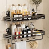 Two-part suction cup shower holder with hooks, no-drill bathroom support, rust-resistant, dark grey (40cm)