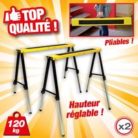 Tréteaux pliables réglables 100cm – Charge max 120kg – Hauteur mini 64cm, maxi 91cm – Lot de 2 – Plateau anti-glisse – Outiror