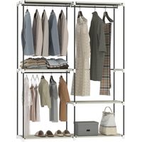 Armario de Ropa Armario Abierto con 4 Estantes de Tela 3 Barras para Colgar Marco de Metal 142x43x185 cm Crema