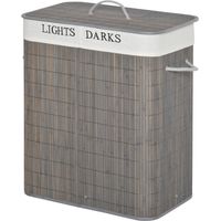 Panier à linge 100L 3 poignées avec sac lavable bambou polyester coton métal gris 52x32x63 cm