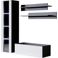 Wohnwand mit LED Mediawand Möbel TV TV-Schrank Wohnzimmer Wohnmöbel Anbauwand Möbelkombination Hängend 160cm Luke 2D Schwarz mit Weiß Glanz