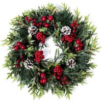 Aiperq Christmas Wreath - 15 inch artificial Christmas door wreath with red fruits, pine cones Christmas decorations