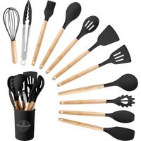 Set d’ustensiles de cuisine en silicone 12 pcs résistants à la chaleur, manches bois, antiadhésif, avec support