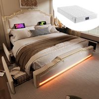 Cama doble adulto 140x200 cm, suave cama con 4 cajones, iluminación LED y toma USB, en terciopelo beige, colchón incluido.