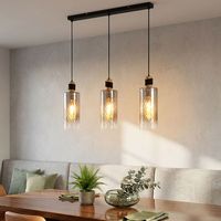 Suspension LED en métal noir, bois brun et verre fumé, H 150 cm