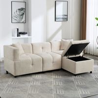 Canapé d'angle 3 places en L, canapé convertible avec espace de rangement, mélange lin-coton, canapé quatre places, canapé modulable, beige