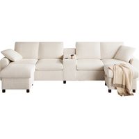 Canapé U en velours côtelé beige avec 2 ottomans rangement table basse 315x135x81 cm ZIPSOFA