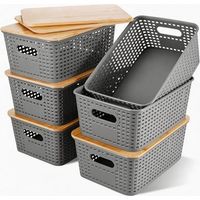 6 Boîtes de Rangement Empilable avec Couvercle en Bambou, Panier en Plastique Imitation Osier, Boite de Rangement avec Couvercle Pratique pour Cuisine, Salon, Salle de Bain ou Bureau