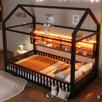 Lit cabane enfant 90x200 cm avec barrière de sécurité et LED 7 couleurs, cadre métal noir