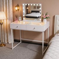 FENCHILIN Schminktisch mit LED-Beleuchtung, Kosmetikspiegel mit LED-Licht, drei Beleuchtungsstufen, einstellbare Helligkeit, Schminktisch mit 2 Schubladen, 100 x 81 x 55 cm, weiß
