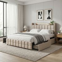 Letto per adulti 140x200, 4 cassetti, stazione di ricarica, 2 porte USB, 2 prese UE, letto matrimoniale con illuminazione LED, testiera con vano contenitore, lino, stile moderno/scandinavo(140x200cm,