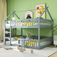 Letto a castello 140x200 cm, con scala, tetto, sommier a doghe in alto, recinzione di sicurezza, letto per bambini in legno - Grigio