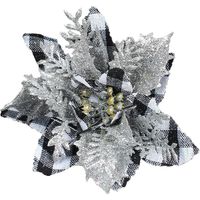 MINKUROW 12 Stück 14 cm künstliche Weihnachtsblumen aus Kunststoff, künstliche Blumenkränze aus Büffelkaro, Weihnachtsdekorationen (weiß und schwarz)