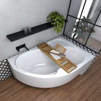 ECOLAM Badewanne WELA 170x100 cm rechts mit Antirusch + Acrylschürze + Bambus Ablage Eckbadewanne Acrylwanne weiß glänzend