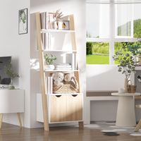 Estantería escalera madera librería 3 estantes 1 armario almacenaje 60x40x171 cm roble y blanco