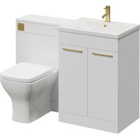 Napoli 460 Cento Gloss White 1200mm 2 Door Vanity Unit Toilet Suite with Glide Basin - 1200mm - Brushed Brass 160mm HandleWith Kingston Toilet Pan and Seat