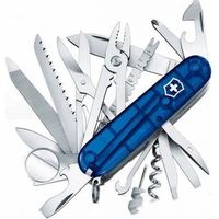 Schweizer Taschenmesser Victorinox Swiss Champ, 33 verschiedene Funktionen, mit Pinzette, Schere und Lupe, 185 gr, Farbe: transparent blau