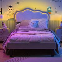 Cama individual tapizada de 90x200 cm para niños, cama para niña con iluminación LED y control mediante aplicación, cama infantil con diseño de nube, cabecero regulable en altura, terciopelo gris y bl