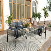 4-teiliges Gartenmöbel-Set Sofa 2 Sessel Tisch Glasplatte Kissen Rattan Stahlrahmen Balkon Terrasse Outdoor Grau