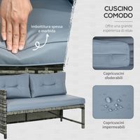 Conjunto de jardín con sofá de 2 plazas, chaise longue y mesa – Ratán sintético y cristal – Cojines – Gris