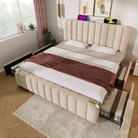 Cama tapizada de lino beige 180x200 cm con 4 cajones, USB/Tipo-C, somier de láminas incluido