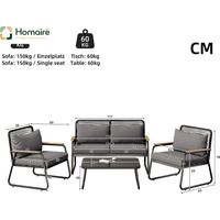HOMAIRE Garten-Lounge-Set für 4 Personen mit verzinktem Eisen-Gestell, gehärteter Glas-Tischplatte, verstellbaren Beinen und Sitz- sowie Rückenkissen, schwarz